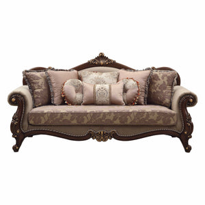 Homeroots 88" Beige Velvet Floral Sofa And Toss Pillows With Brown Legs   348219