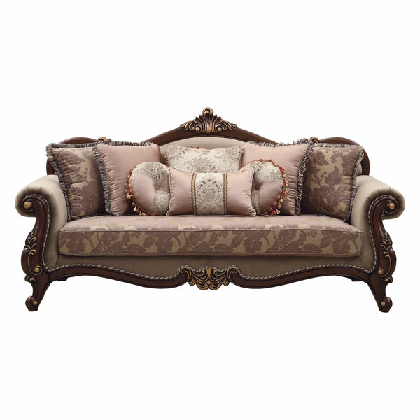 Homeroots 88" Beige Velvet Floral Sofa And Toss Pillows With Brown Legs   348219
