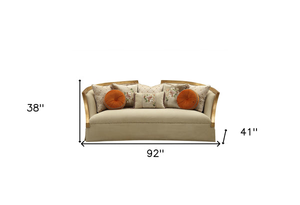 Homeroots 41" Beige Velvet Curved Sofa And Toss Pillows With Natural Legs   348220