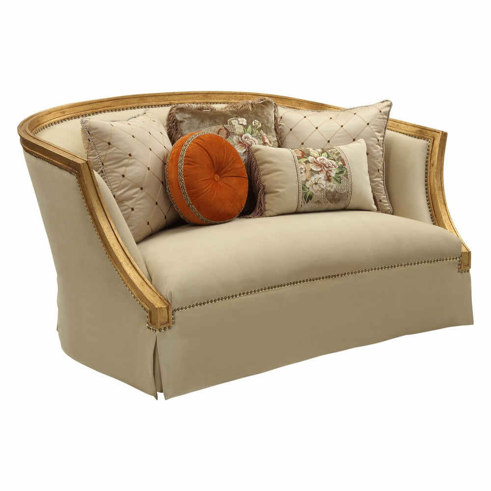 HomeRoots 70" Tan and Gold Curved Loveseat with 5 Decorative Toss Pillows - Elegant Comfort for Any Space 348221