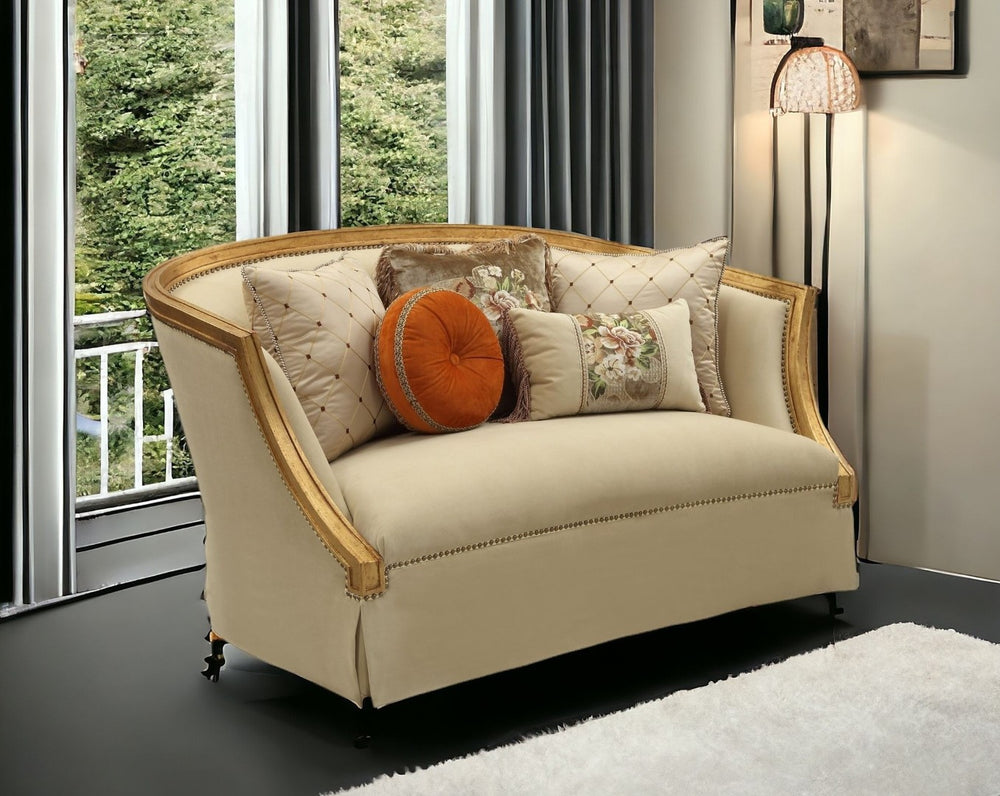 HomeRoots 70" Tan and Gold Curved Loveseat with 5 Decorative Toss Pillows - Elegant Comfort for Any Space 348221