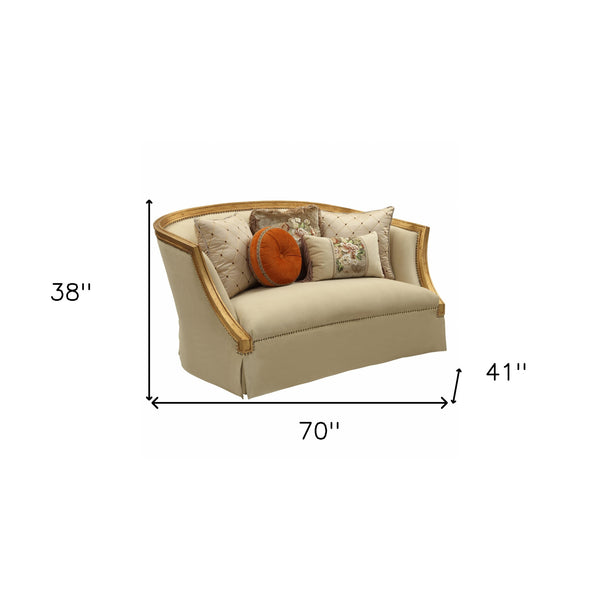 Homeroots 70" Tan And Gold Curved Loveseat And Toss Pillows   348221