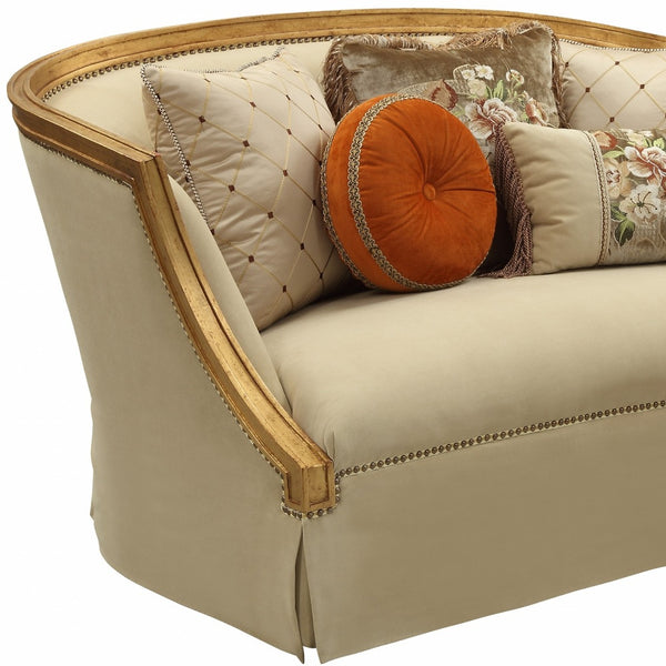 Homeroots 70" Tan And Gold Curved Loveseat And Toss Pillows   348221