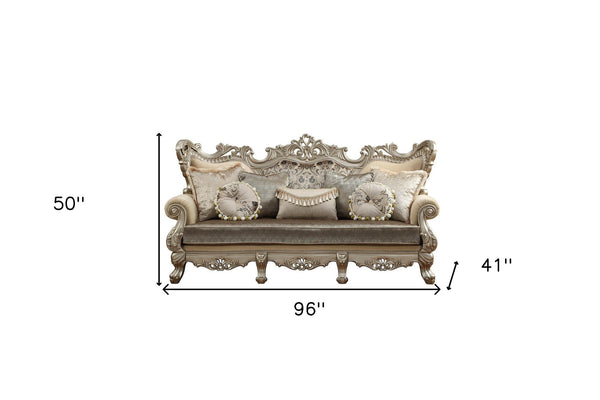 Homeroots 41" Champagne Cotton Blend Curved Floral Sofa And Toss Pillows   348222