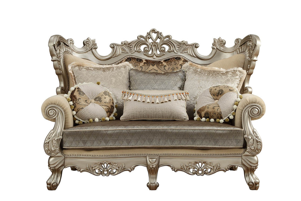 HomeRoots 72" Cream and Platinum Damask Chesterfield Loveseat with Elegant Toss Pillows for Luxurious Comfort 348223