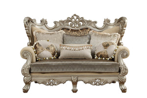 HomeRoots 72" Cream and Platinum Damask Chesterfield Loveseat with Elegant Toss Pillows for Luxurious Comfort 348223