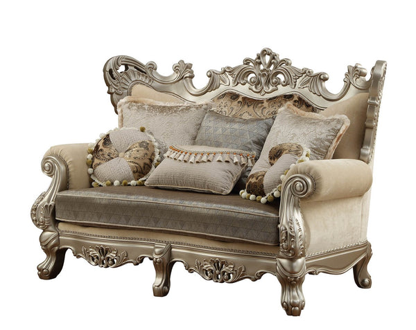 HomeRoots 72" Cream and Platinum Damask Chesterfield Loveseat with Elegant Toss Pillows for Luxurious Comfort 348223
