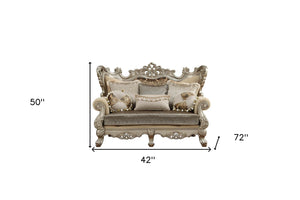 HomeRoots 72" Cream and Platinum Damask Chesterfield Loveseat with Elegant Toss Pillows for Luxurious Comfort 348223