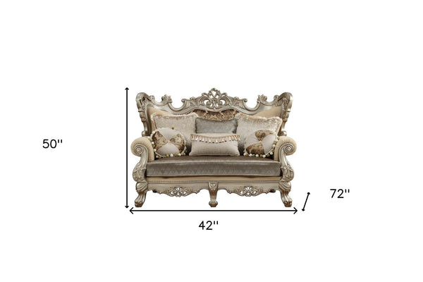 HomeRoots 72" Cream and Platinum Damask Chesterfield Loveseat with Elegant Toss Pillows for Luxurious Comfort 348223