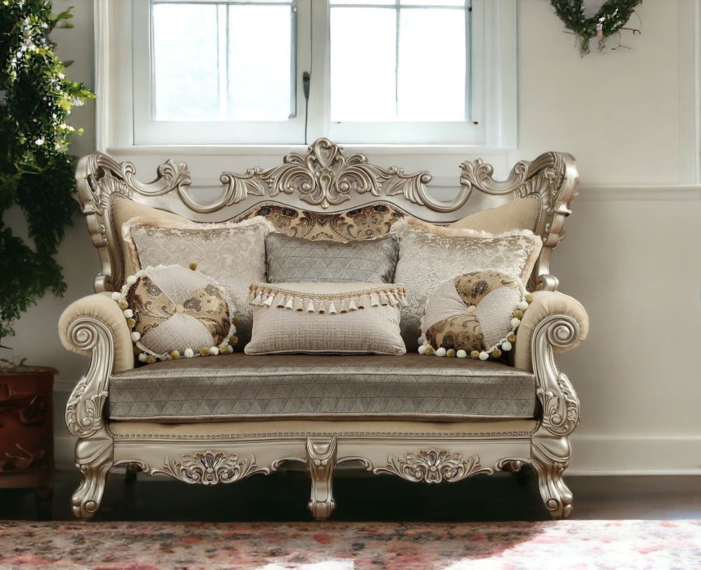 HomeRoots 72" Cream and Platinum Damask Chesterfield Loveseat with Elegant Toss Pillows for Luxurious Comfort 348223