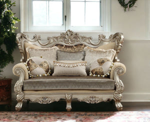 HomeRoots 72" Cream and Platinum Damask Chesterfield Loveseat with Elegant Toss Pillows for Luxurious Comfort 348223