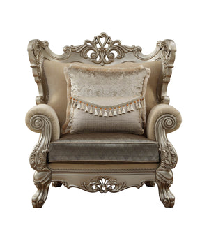 Homeroots 47" Beige And Green And Champagne Fabric Geometric Arm Chair And Toss Pillow   348224