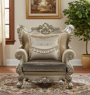 HomeRoots 47" Modern Geometric Arm Chair with Toss Pillow - Beige, Green & Champagne Upholstery for Style & Comfort 348224