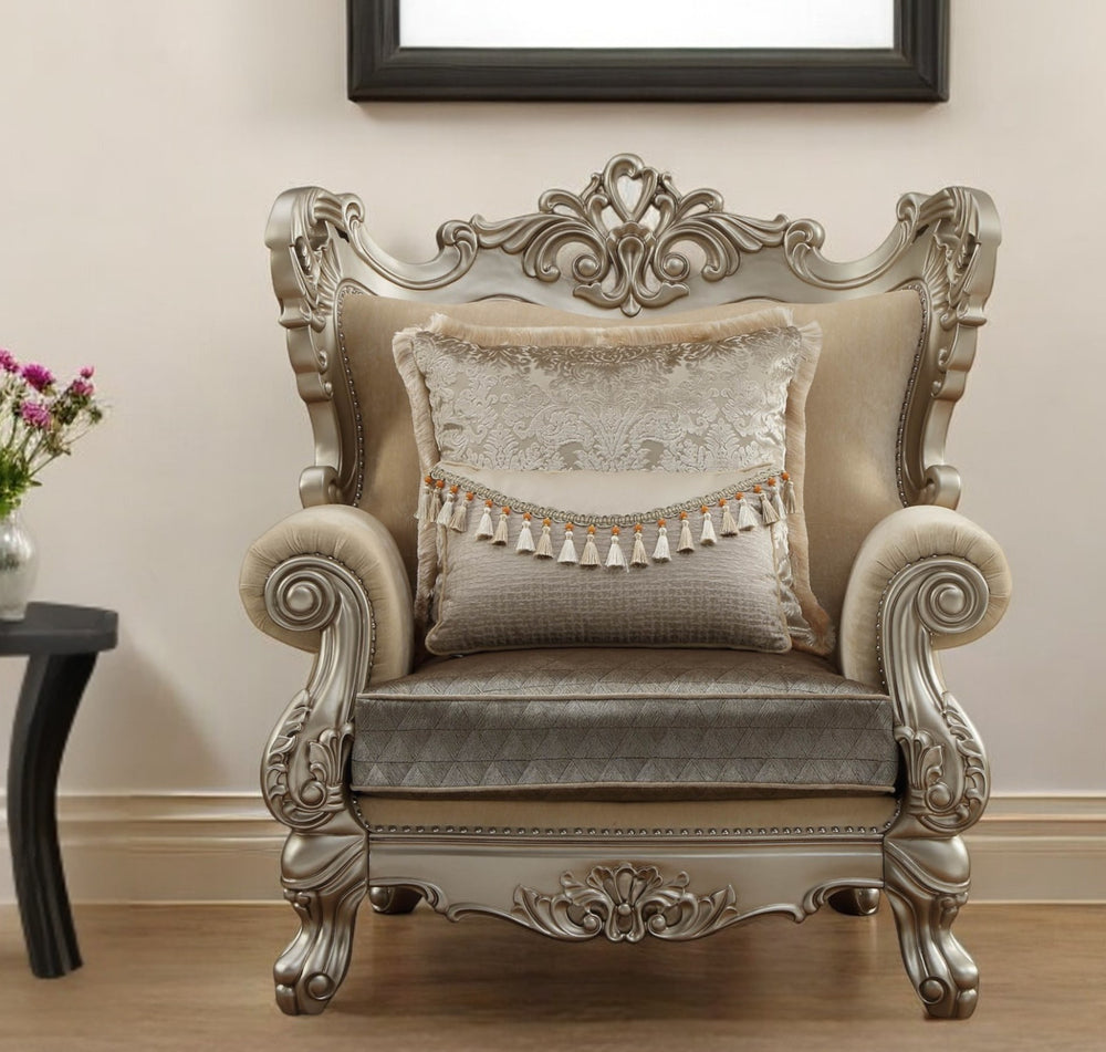 Homeroots 47" Beige And Green And Champagne Fabric Geometric Arm Chair And Toss Pillow   348224