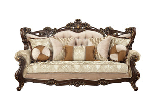 Homeroots 42" Beige Polyester Blend Curved Damask Sofa And Toss Pillows With Brown Legs   348225