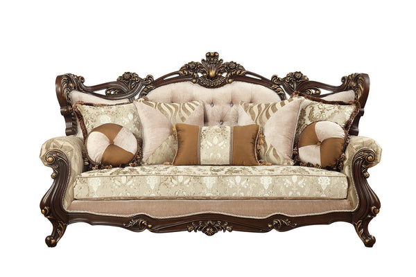 Homeroots 42" Beige Polyester Blend Curved Damask Sofa And Toss Pillows With Brown Legs   348225