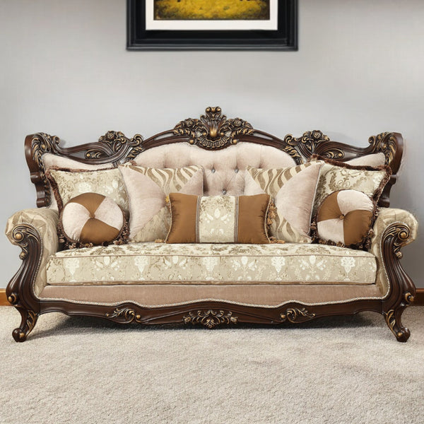 Homeroots 42" Beige Polyester Blend Curved Damask Sofa And Toss Pillows With Brown Legs   348225