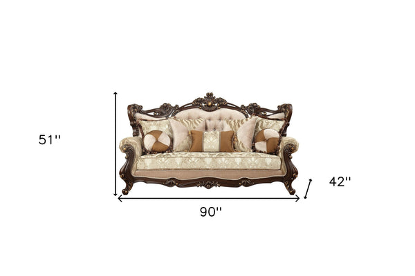 Homeroots 42" Beige Polyester Blend Curved Damask Sofa And Toss Pillows With Brown Legs   348225