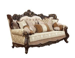 Homeroots 42" Beige Polyester Blend Curved Damask Sofa And Toss Pillows With Brown Legs   348225