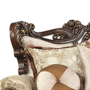 Homeroots 42" Beige Polyester Blend Curved Damask Sofa And Toss Pillows With Brown Legs   348225