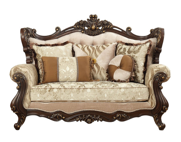 HomeRoots 70" Elegant Beige and Brown Damask Loveseat with Five Toss Pillows for Cozy Living Room Comfort 348226