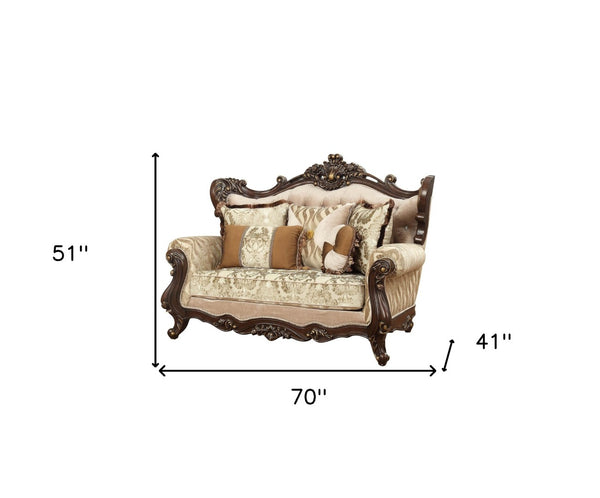 HomeRoots 70" Elegant Beige and Brown Damask Loveseat with Five Toss Pillows for Cozy Living Room Comfort 348226