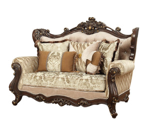 HomeRoots 70" Elegant Beige and Brown Damask Loveseat with Five Toss Pillows for Cozy Living Room Comfort 348226