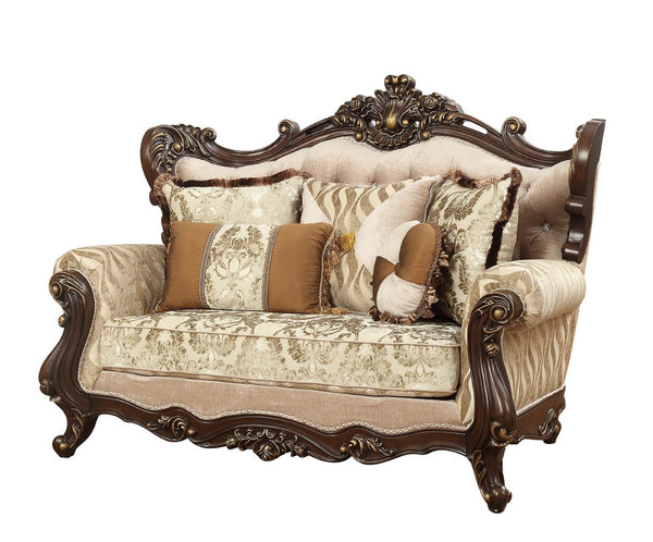 HomeRoots 70" Elegant Beige and Brown Damask Loveseat with Five Toss Pillows for Cozy Living Room Comfort 348226