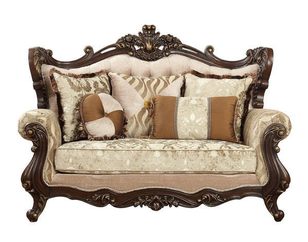 HomeRoots 70" Elegant Beige and Brown Damask Loveseat with Five Toss Pillows for Cozy Living Room Comfort 348226
