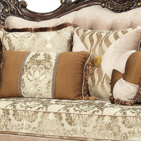 HomeRoots 70" Elegant Beige and Brown Damask Loveseat with Five Toss Pillows for Cozy Living Room Comfort 348226