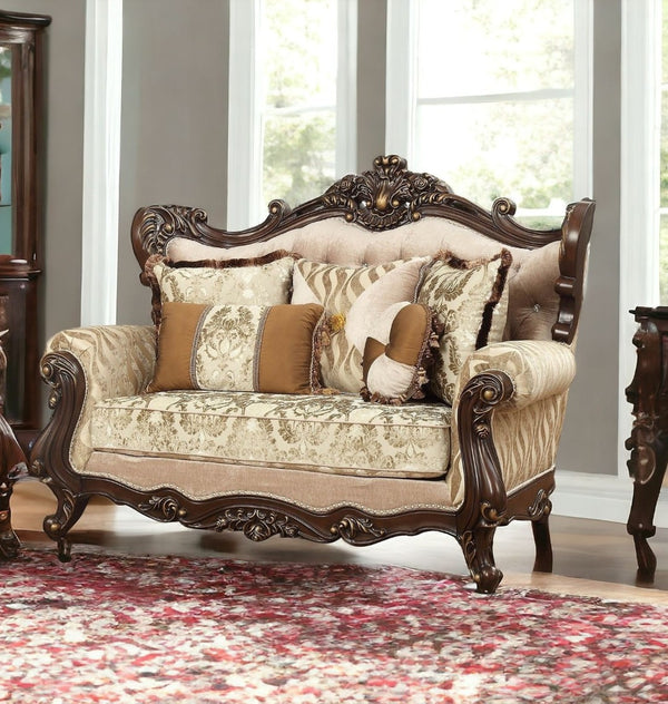 HomeRoots 70" Elegant Beige and Brown Damask Loveseat with Five Toss Pillows for Cozy Living Room Comfort 348226