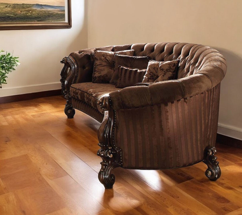 Homeroots 55" Brown Velvet Curved Sofa And Toss Pillows Brown Velvet Cherry Oak  348227