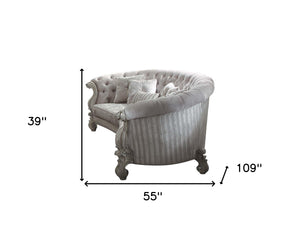 Homeroots 55" Ivory Velvet Curved Floral Sofa And Toss Pillows With Gray Legs Ivory Velvet Bone White  348228