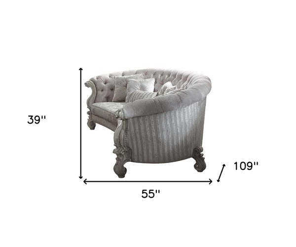 Homeroots 55" Ivory Velvet Curved Floral Sofa And Toss Pillows With Gray Legs Ivory Velvet Bone White  348228