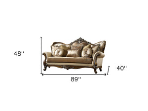 Homeroots 89" Tan Polyester Blend Curved Floral Sofa And Toss Pillows With Brown Legs   348230