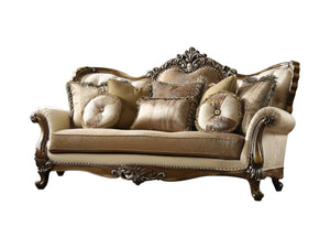 Homeroots 89" Tan Polyester Blend Curved Floral Sofa And Toss Pillows With Brown Legs   348230