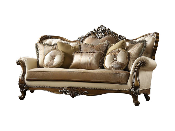 Homeroots 89" Tan Polyester Blend Curved Floral Sofa And Toss Pillows With Brown Legs   348230