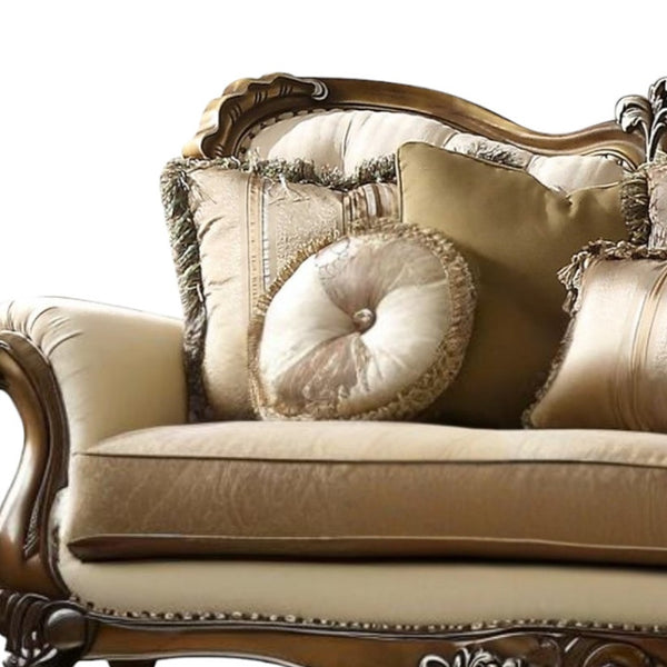 Homeroots 89" Tan Polyester Blend Curved Floral Sofa And Toss Pillows With Brown Legs   348230