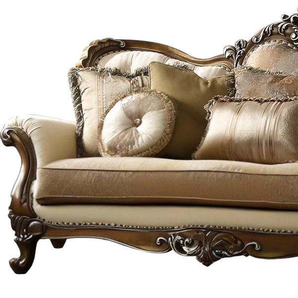 Homeroots 89" Tan Polyester Blend Curved Floral Sofa And Toss Pillows With Brown Legs   348230