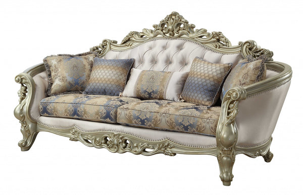 Homeroots 40" Antiqued White Velvet Curved Floral Sofa And Toss Pillows With Champagne Legs   348231