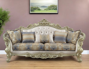 Homeroots 40" Antiqued White Velvet Curved Floral Sofa And Toss Pillows With Champagne Legs   348231