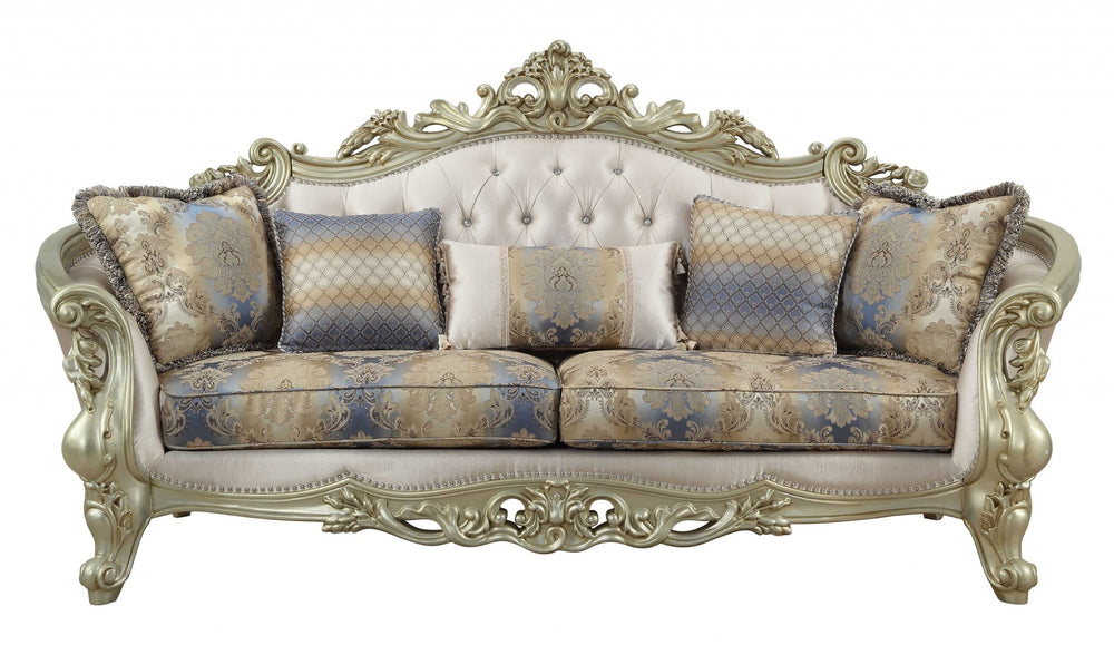 Homeroots 40" Antiqued White Velvet Curved Floral Sofa And Toss Pillows With Champagne Legs   348231