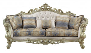 Homeroots 40" Antiqued White Velvet Curved Floral Sofa And Toss Pillows With Champagne Legs   348231