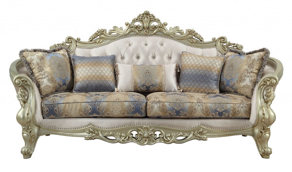 Homeroots 40" Antiqued White Velvet Curved Floral Sofa And Toss Pillows With Champagne Legs   348231
