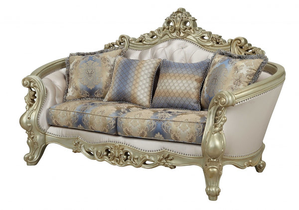 HomeRoots 78" Gold Floral Loveseat with Pillows - Elegant Comfort, Timeless Design for Luxurious Living Spaces 348232