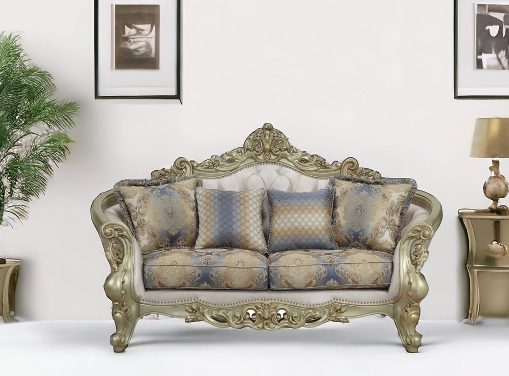 HomeRoots 78" Gold Floral Loveseat with Pillows - Elegant Comfort, Timeless Design for Luxurious Living Spaces 348232