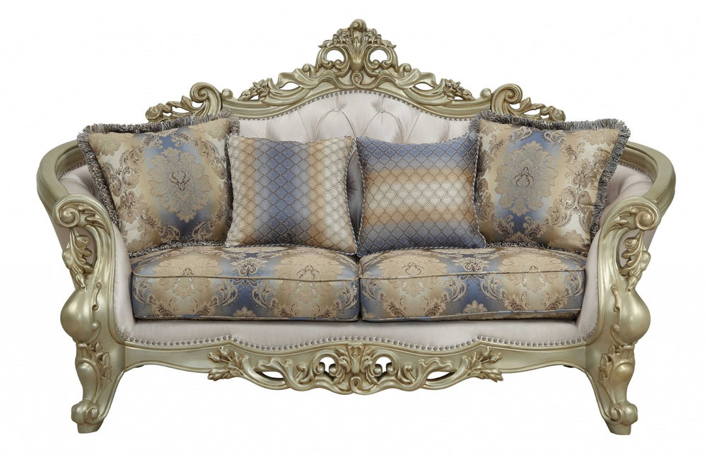 HomeRoots 78" Gold Floral Loveseat with Pillows - Elegant Comfort, Timeless Design for Luxurious Living Spaces 348232