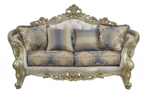HomeRoots 78" Gold Floral Loveseat with Pillows - Elegant Comfort, Timeless Design for Luxurious Living Spaces 348232