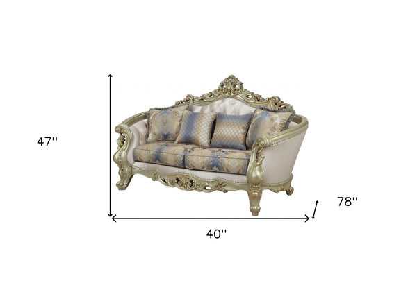 HomeRoots 78" Gold Floral Loveseat with Pillows - Elegant Comfort, Timeless Design for Luxurious Living Spaces 348232
