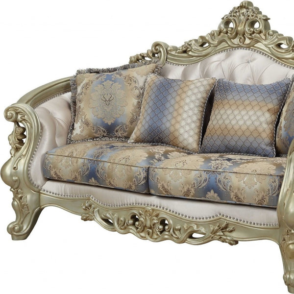 HomeRoots 78" Gold Floral Loveseat with Pillows - Elegant Comfort, Timeless Design for Luxurious Living Spaces 348232